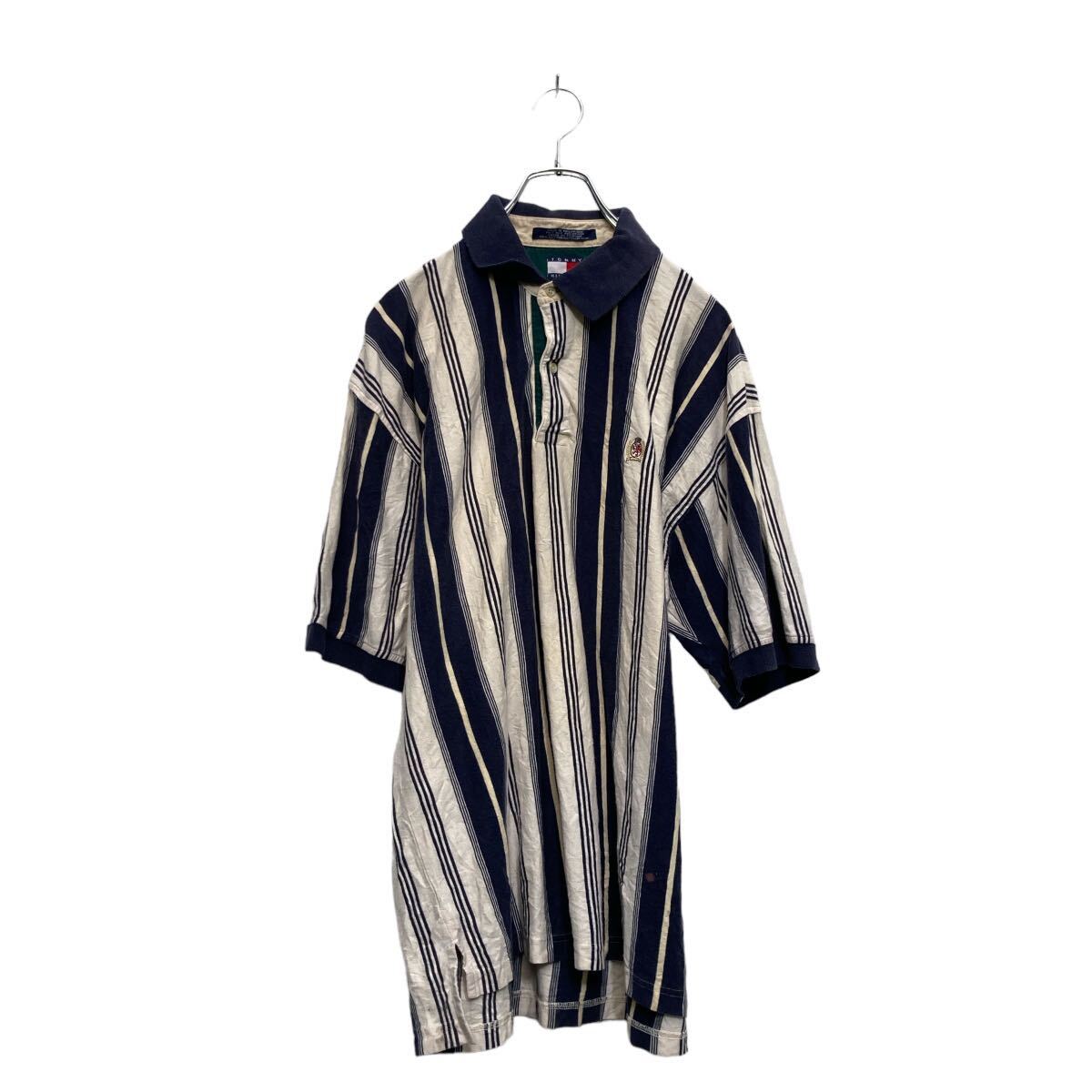 【中古】【古着】 TOMMY HILFIGER 半袖 無地ポロシャツ L ホワイト ブラック ストライプ シンプル トミーヒルフィガー 古着卸 アメリカ仕入 a606-5280