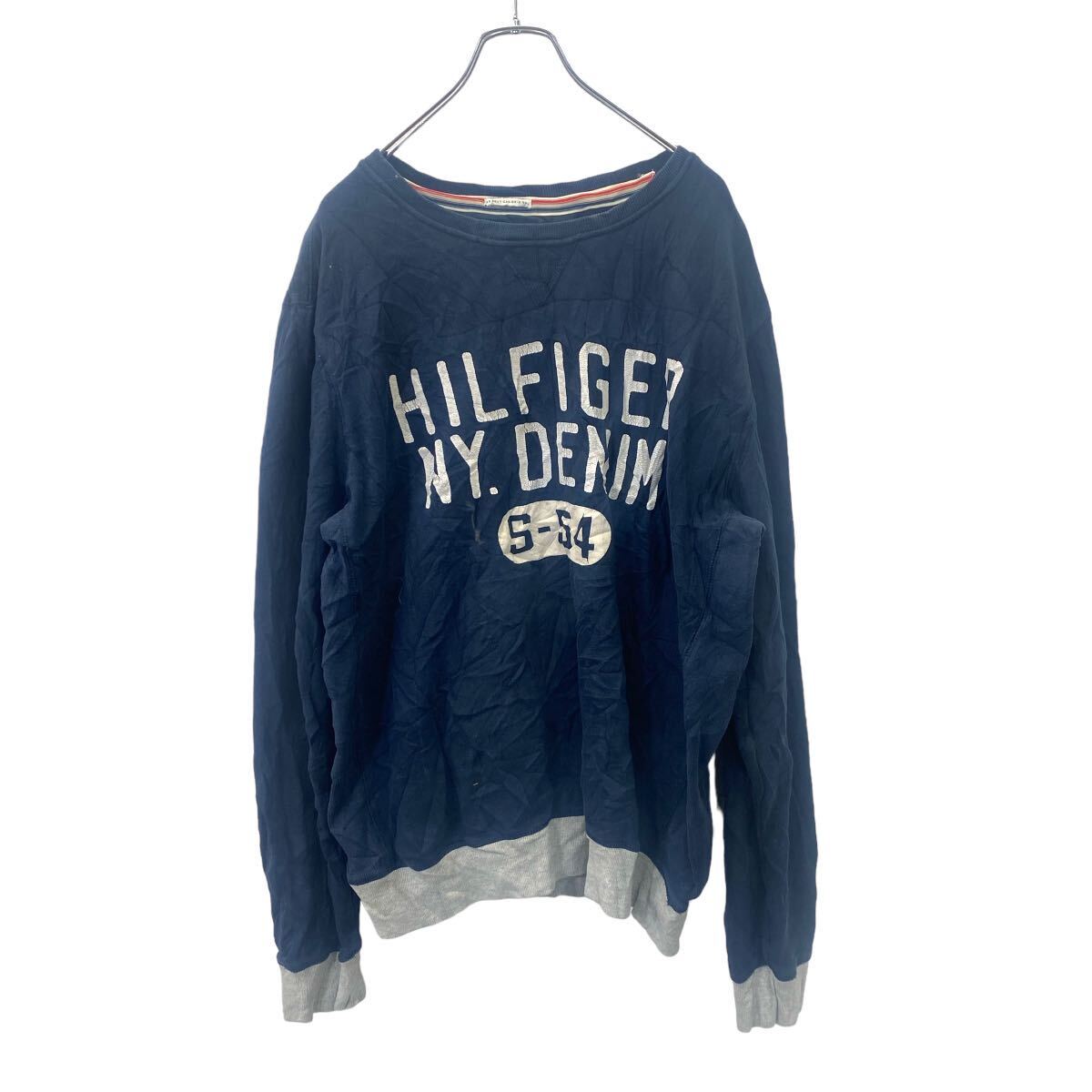 【中古】【古着】 HILFIGER DENIM ロゴ スウェット プリント スウェット XL サイズ トミーヒルフィガー ネイビー 古着卸 アメリカ仕入 t2406-3056