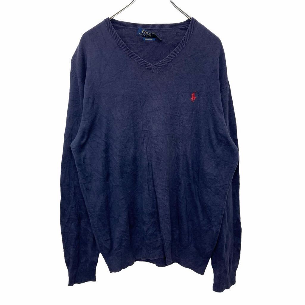 【中古】【古着】 POLO RALPHLAUREN 刺繍 スウェット トレーナー Lサイズ ポロラルフローレン Vネック ネイビー 古着卸 アメリカ仕入 t2406-3148