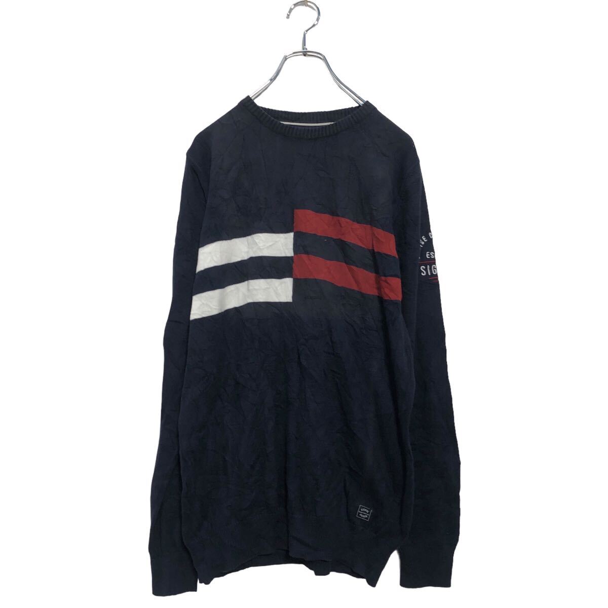 【中古】【古着】 SIGNAL コットンニット セーター S ネイビー レッド ホワイト 袖ロゴ 古着卸 アメリカ仕入 a606-5367