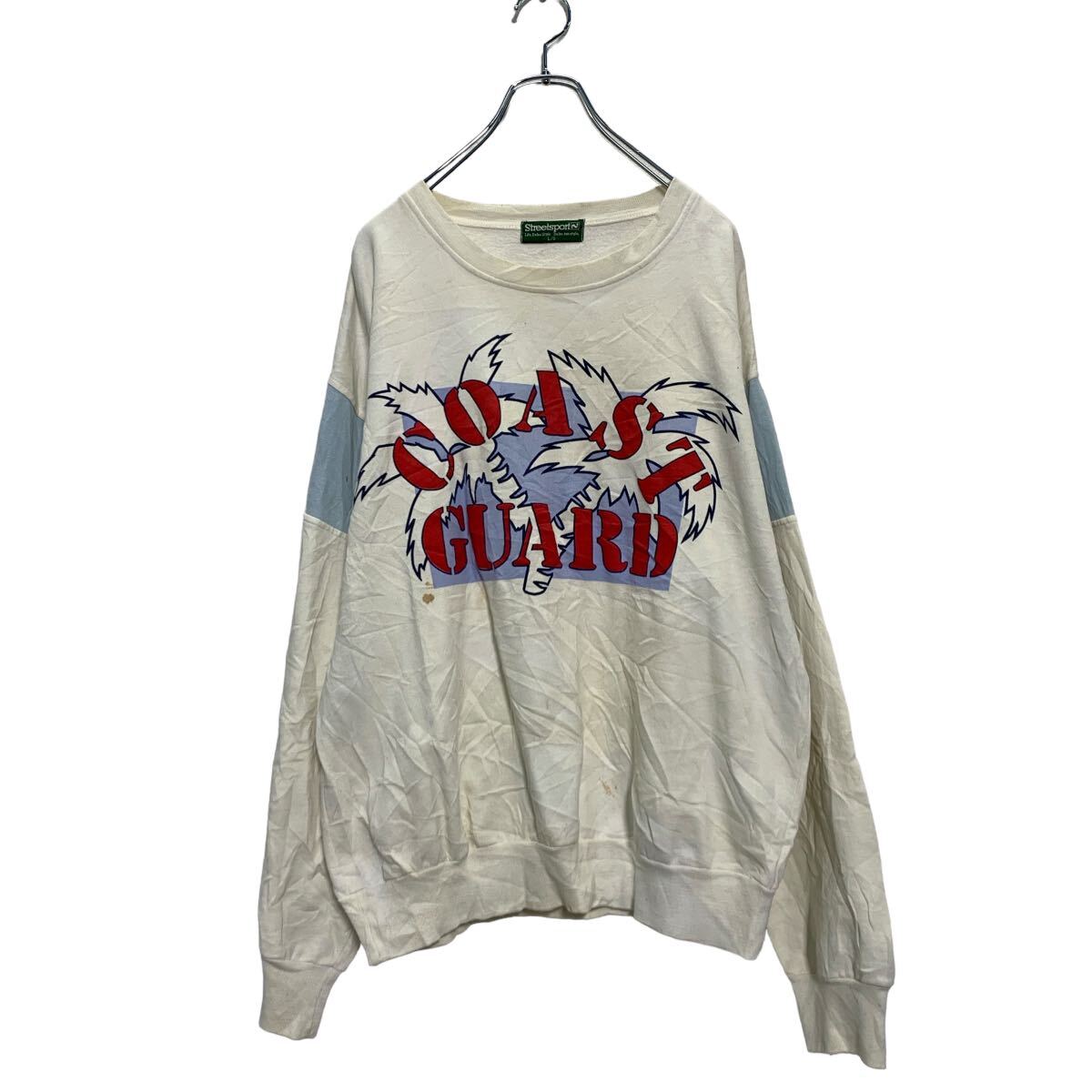 【中古】【古着】 Streetsport プリントスウェット トレーナー L ホワイト ライトブルー 切替 COAST GUA裏起毛 古着卸 アメリカ仕入 a606-5447