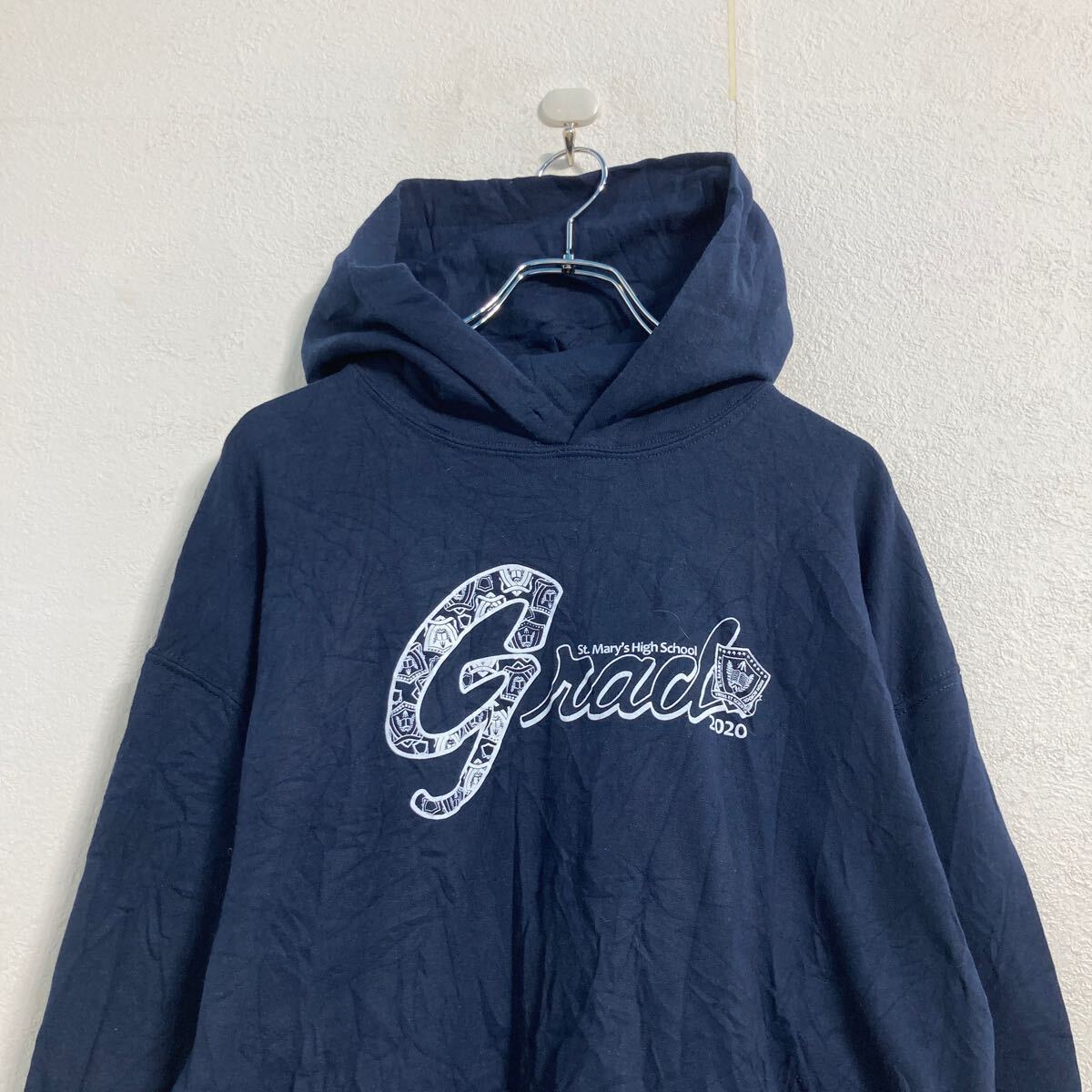 【中古】【古着】 GILDAN プリント スウェット パーカー L ネイビー ギルダン プルオーバー バックプリント 古着卸 アメリカ仕入 a606-5463