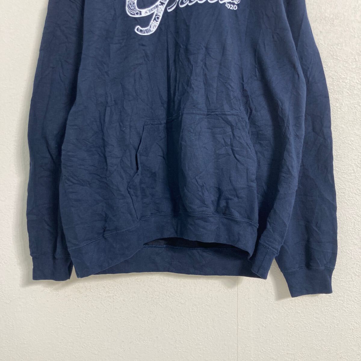 【中古】【古着】 GILDAN プリント スウェット パーカー L ネイビー ギルダン プルオーバー バックプリント 古着卸 アメリカ仕入 a606-5463