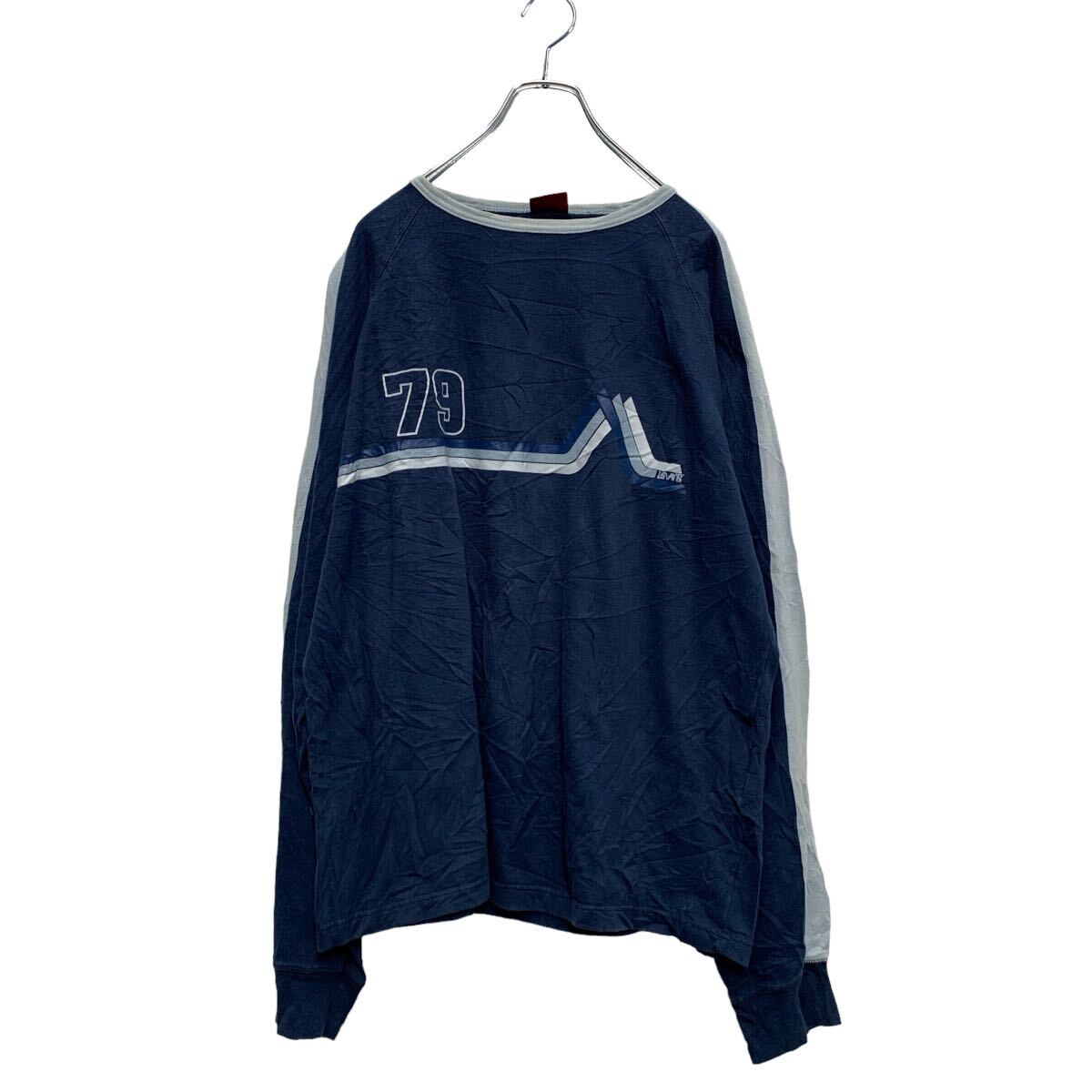 【中古】【古着】 Levi's プリントスウェット トレーナー XL ネイビー リーバイス ビッグサイズ 裏起毛 古着卸 アメリカ仕入 a606-5527
