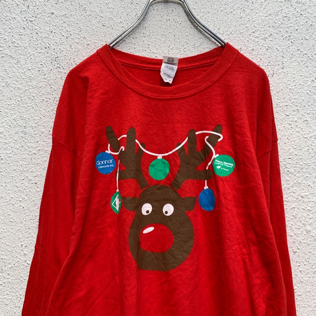 【中古】【古着】 GILDAN 長袖 プリントTシャツ L レッド ギルダン トナカイ クリスマス ロンT ロングTシャツ 古着卸 アメリカ仕入 a606-5820