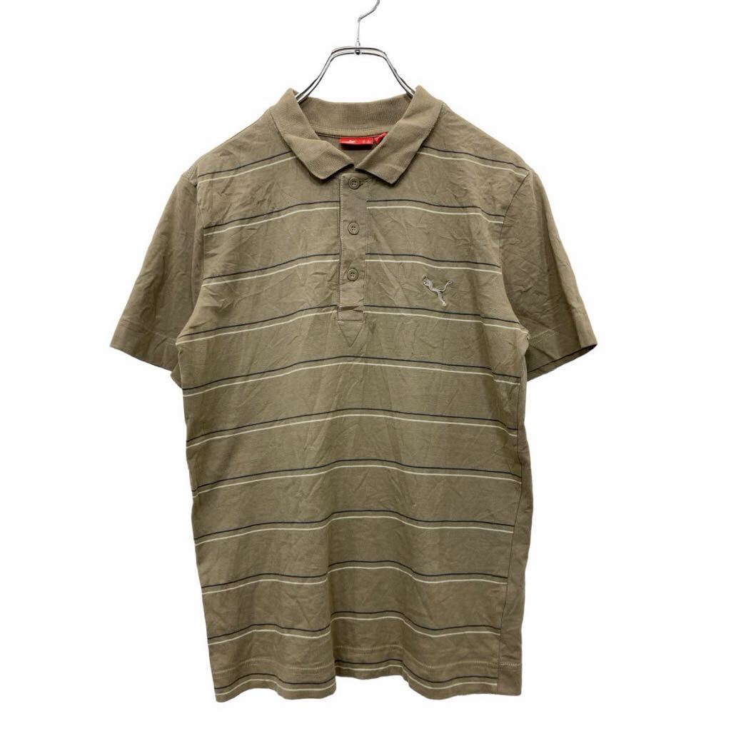 【中古】【古着】 PUMA 半袖 ロゴ ポロシャツ Sサイズ プーマ 刺繍 ボーダー バックプリント ハーフボタン ブラウン 古着卸 アメリカ仕入 t2406-3382