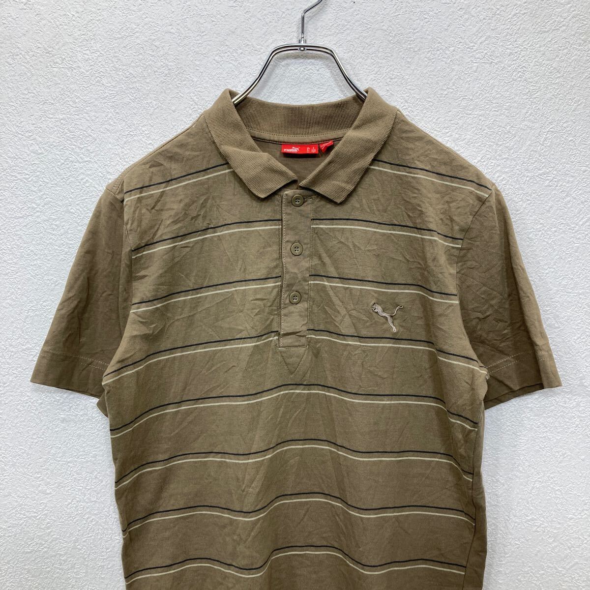 【中古】【古着】 PUMA 半袖 ロゴ ポロシャツ Sサイズ プーマ 刺繍 ボーダー バックプリント ハーフボタン ブラウン 古着卸 アメリカ仕入 t2406-3382