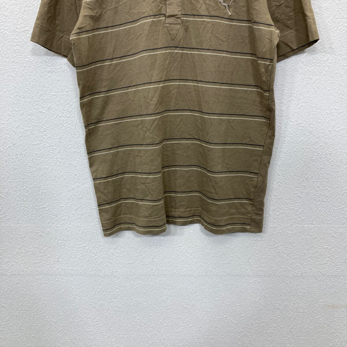 【中古】【古着】 PUMA 半袖 ロゴ ポロシャツ Sサイズ プーマ 刺繍 ボーダー バックプリント ハーフボタン ブラウン 古着卸 アメリカ仕入 t2406-3382
