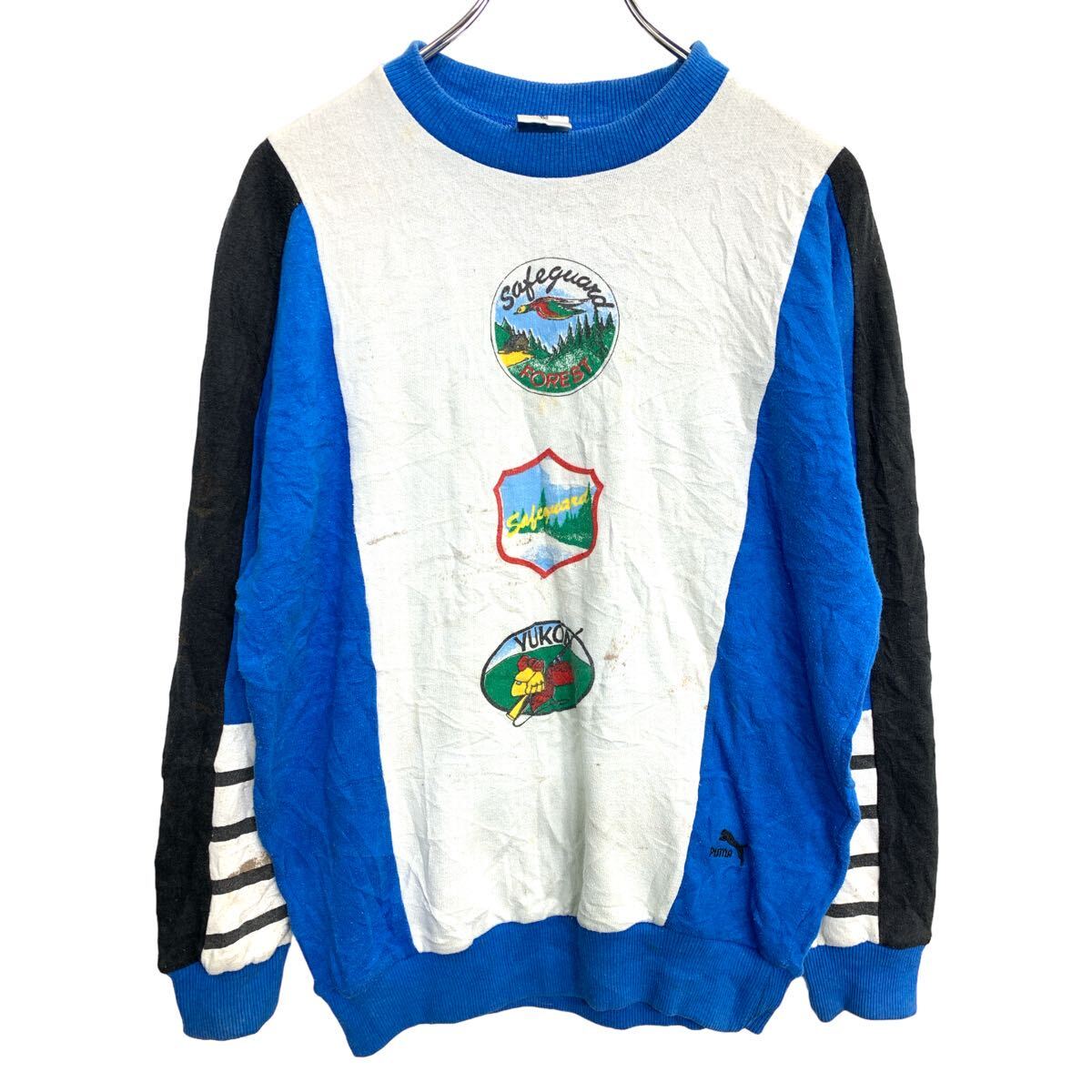 【中古】【古着】 PUMA プリントスウェット トレーナー XLサイズ プーマ ジュニアサイズ 164 ブルー ホワイト ブラック 古着卸 アメリカ仕入 t2406-3399