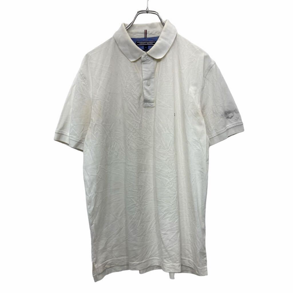 【中古】【古着】 TOMMY HILFIGER 半袖 ロゴ ポロシャツ Lサイズ トミーヒルフィガー 刺繍 ハーフボタン ホワイト 古着卸 アメリカ仕入 t2406-3419
