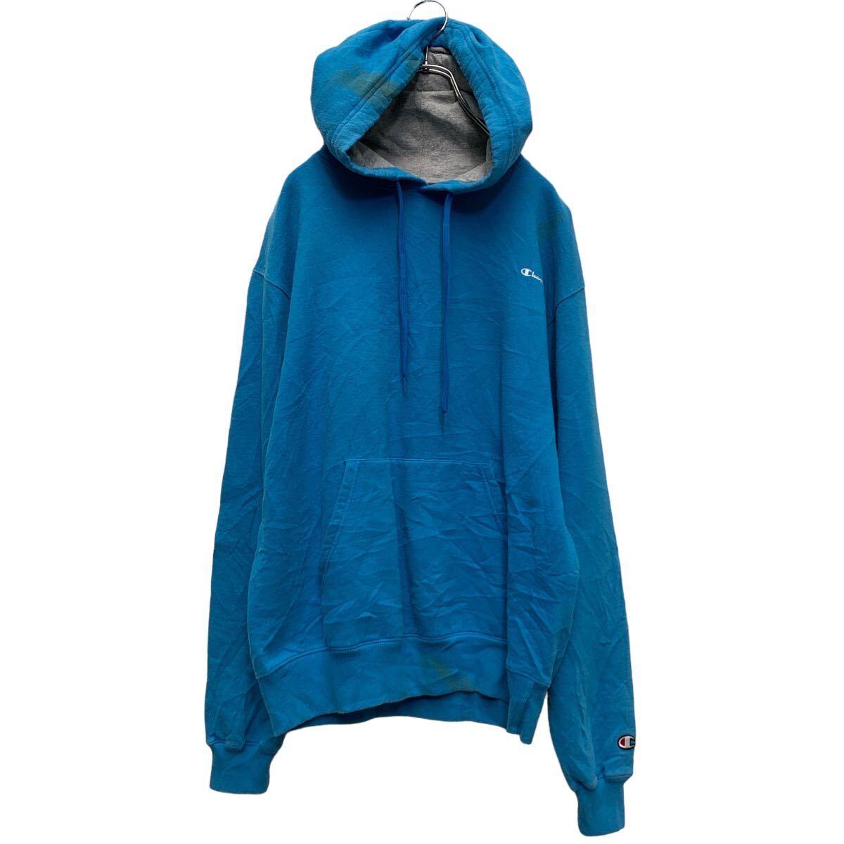 【中古】【古着】 Champion ロゴスウェット パーカー M ブルー チャンピオン 裏起毛 袖ロゴ 古着卸 アメリカ仕入 a606-6162