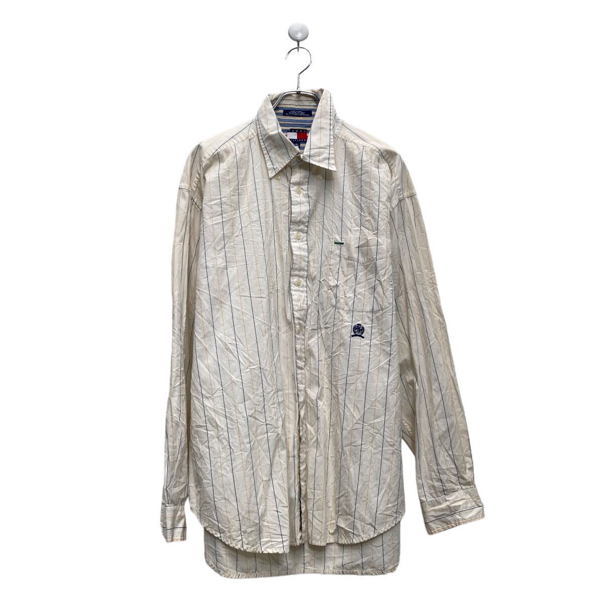 【中古】【古着】 TOMMY HILFIGER 長袖 ストライプシャツ ポケット ホワイト XL ビックサイズ トミーフィルフィガー 古着卸 アメリカ仕..