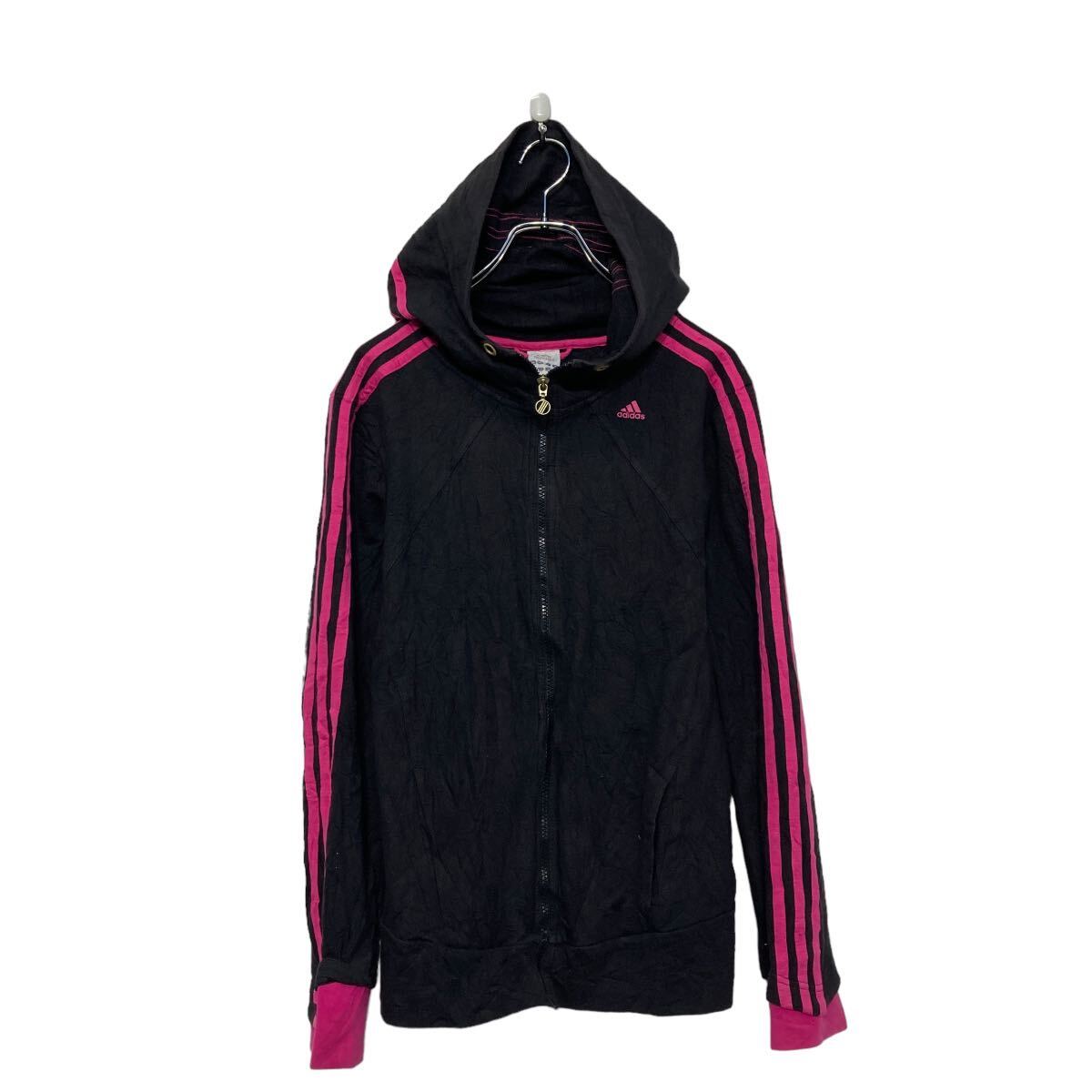 【中古】【古着】 adidas ロゴ スウェット パーカー アディダス M~ ブラック ピンク フルジップ 古着卸 アメリカ仕入 a606-6562