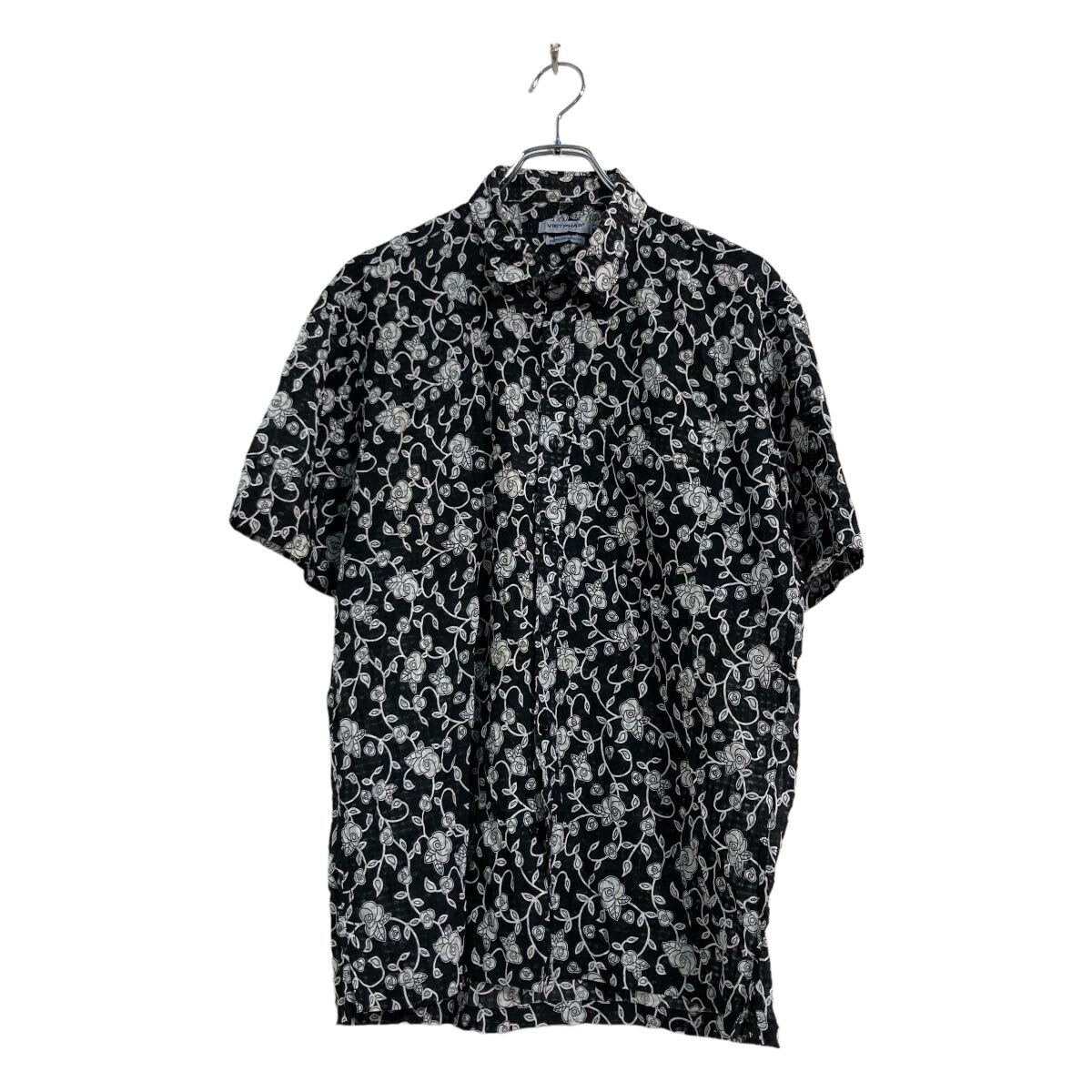 【中古】【古着】 VIETPHAP 半袖 柄シャツ XL ブラック ホワイト ビッグサイズ シアーシャツ 総柄 花 古着卸 アメリカ仕入 a606-6643