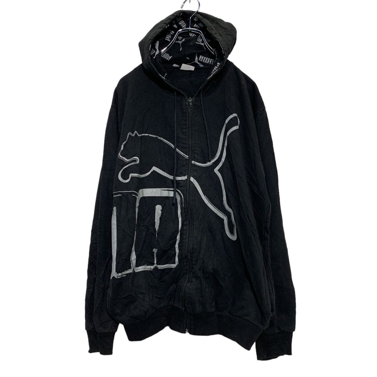 Hawaiian - 【中古】【古着】 PUMA ジップアップ プリントスウェット パーカー M ブラック シルバー プーマ 裏起毛 古着卸 アメリカ仕入 a606-6836