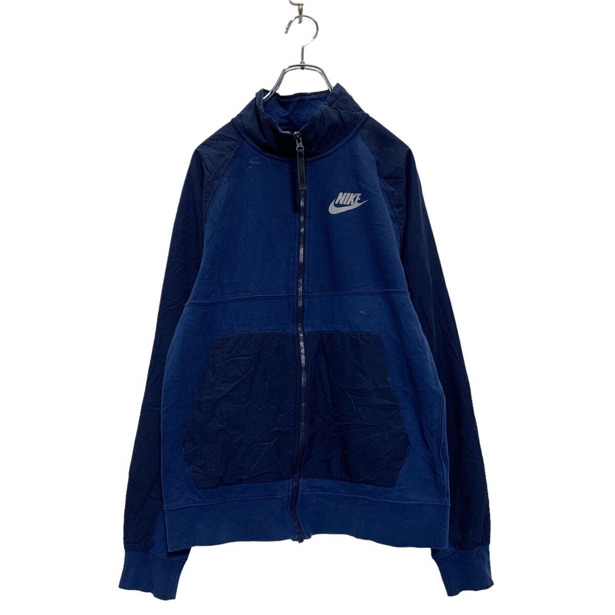 【中古】【古着】 NIKE ジップアップ ナイロンジャケット S ネイビー ナイキ スウェット切替 裏フリース ロゴ 古着卸 アメリカ仕入 a606-6901
