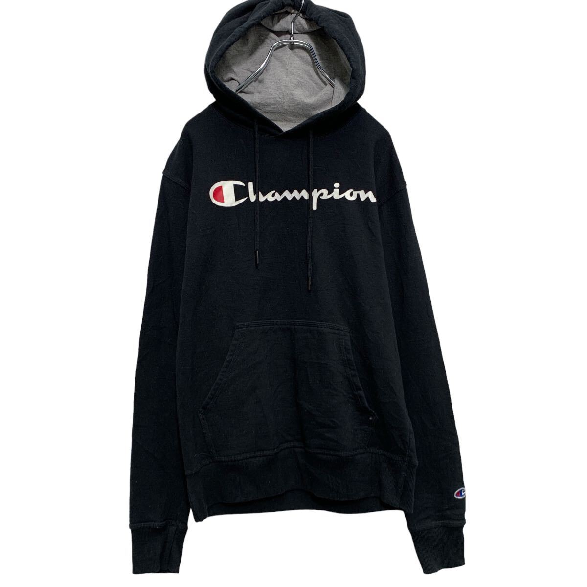 【中古】【古着】 Champion ロゴスウェット パーカーS ブラック グレー チャンピオン プルオーバー 裏起毛 古着卸 アメリカ仕入 a606-6995