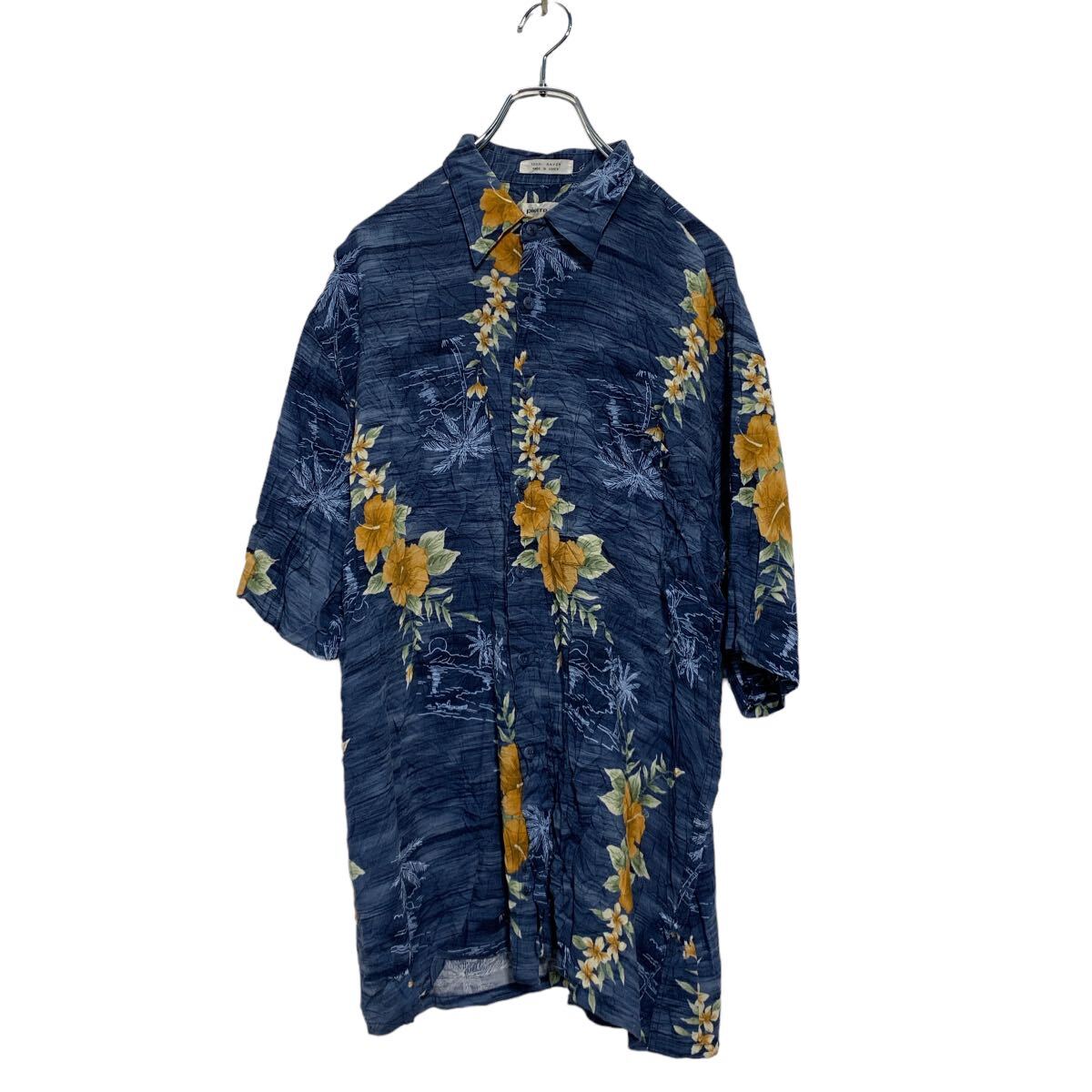 【中古】【古着】 pierre cardin 半袖 アロハシャツ L ネイビー ハイビスカス柄 トロピカル 古着卸 アメリカ仕入 a606-7087