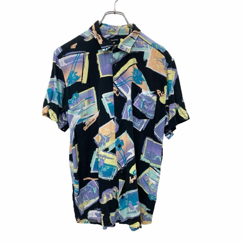 【中古】【古着】 QUIKSILVER 半袖 シャツ XLサイズ クイックシルバー 総柄 胸ポケット ブラック 古着卸 アメリカ仕入 t2407-3192