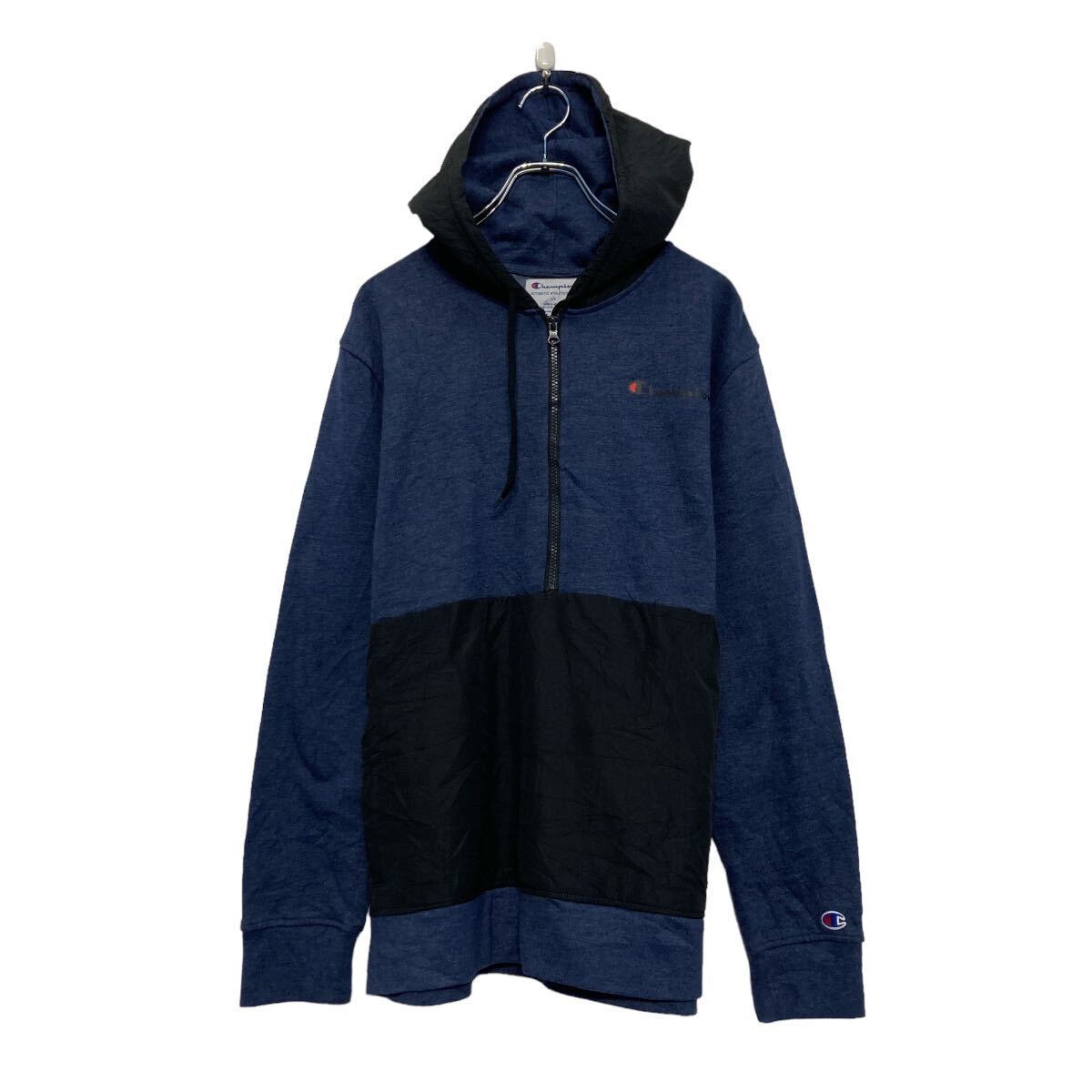 【中古】【古着】 champion ロゴ スウェット パーカー チャンピオン L ネイビー 裏起毛 ハーフジップ 古着卸 アメリカ仕入 a607-5669