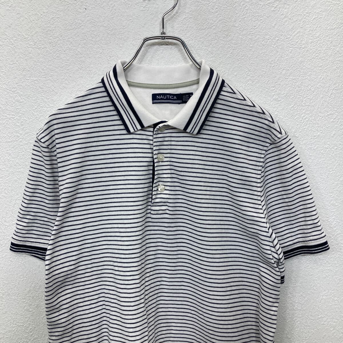 【中古】【古着】 nautica 半袖 ポロシャツ Mサイズ ノーティカ ボーダー ハーフボタン ホワイト 古着卸 アメリカ仕入 t2407-3618