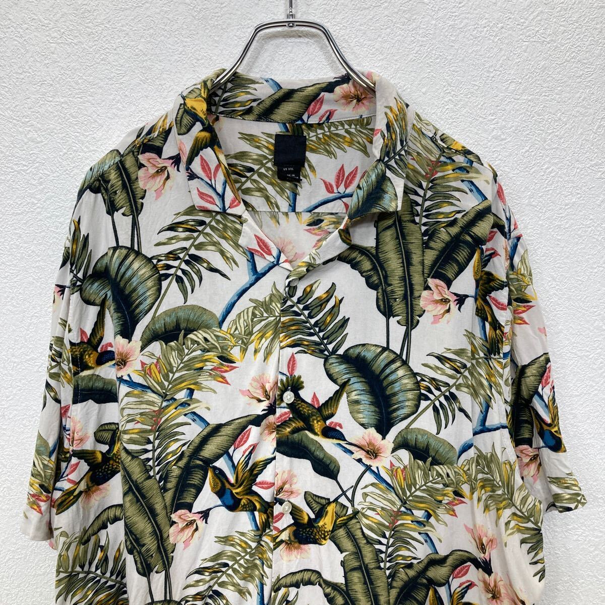 【中古】【古着】 H&M 半袖 シャツ XXLサイズ エイチアンドエム ビッグサイズ アロハシャツ 総柄 ホワイト グリーン 古着卸 アメリカ仕入 t2407-3661