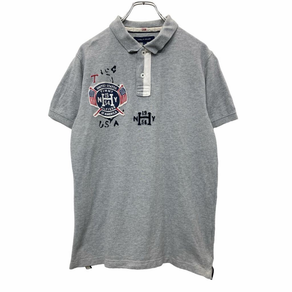 【中古】【古着】 TOMMY HILFIGER 半袖 ポロシャツ Lサイズ トミーヒルフィガー ハーフボタン スリムフィット グレー 古着卸 アメリカ仕入 t2407-4113