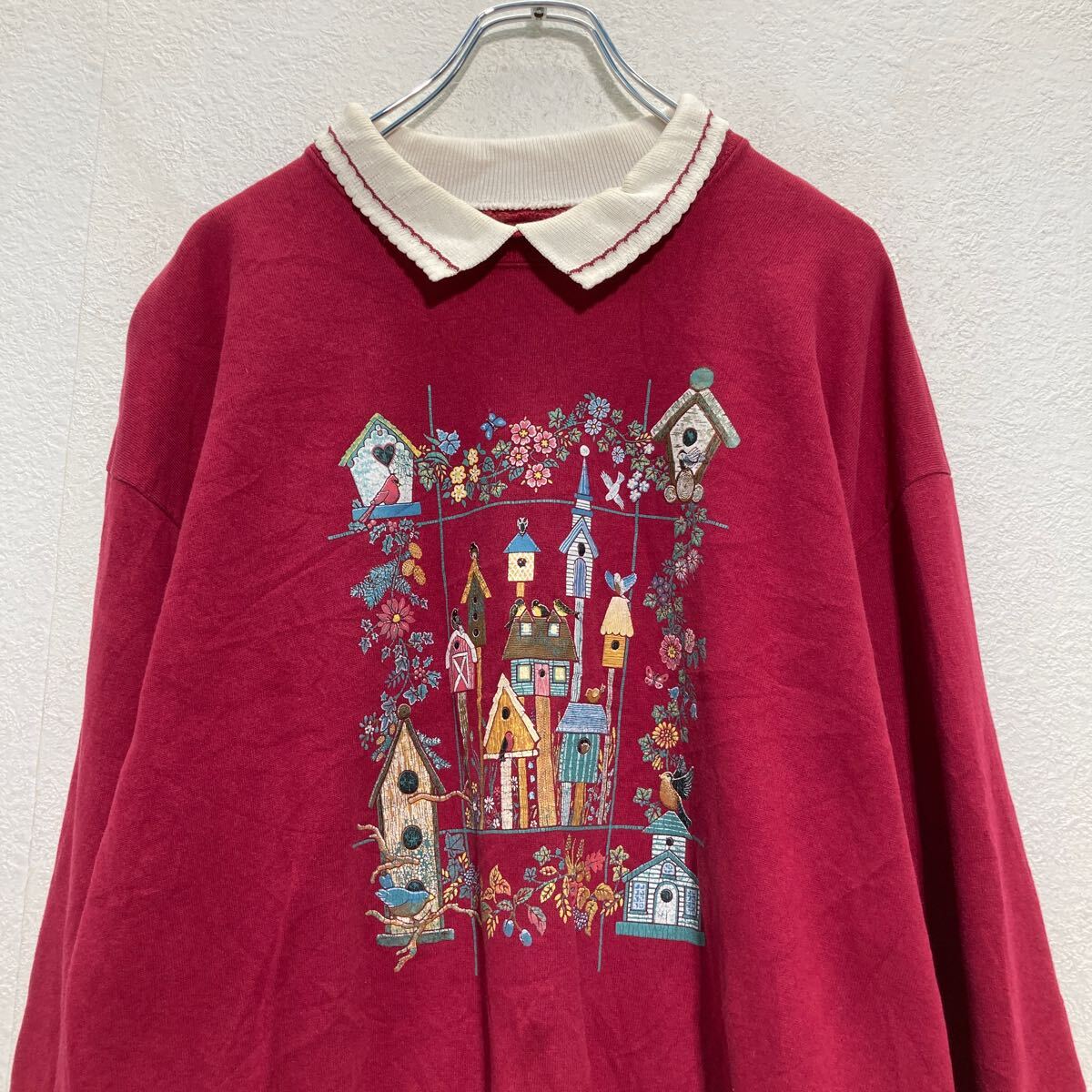 【中古】【古着】 プリントスウェット トレーナー L〜 レディース ピンク レイヤードネック 鳥 裏起毛 レトロ 古着卸 アメリカ仕入 a607-6731