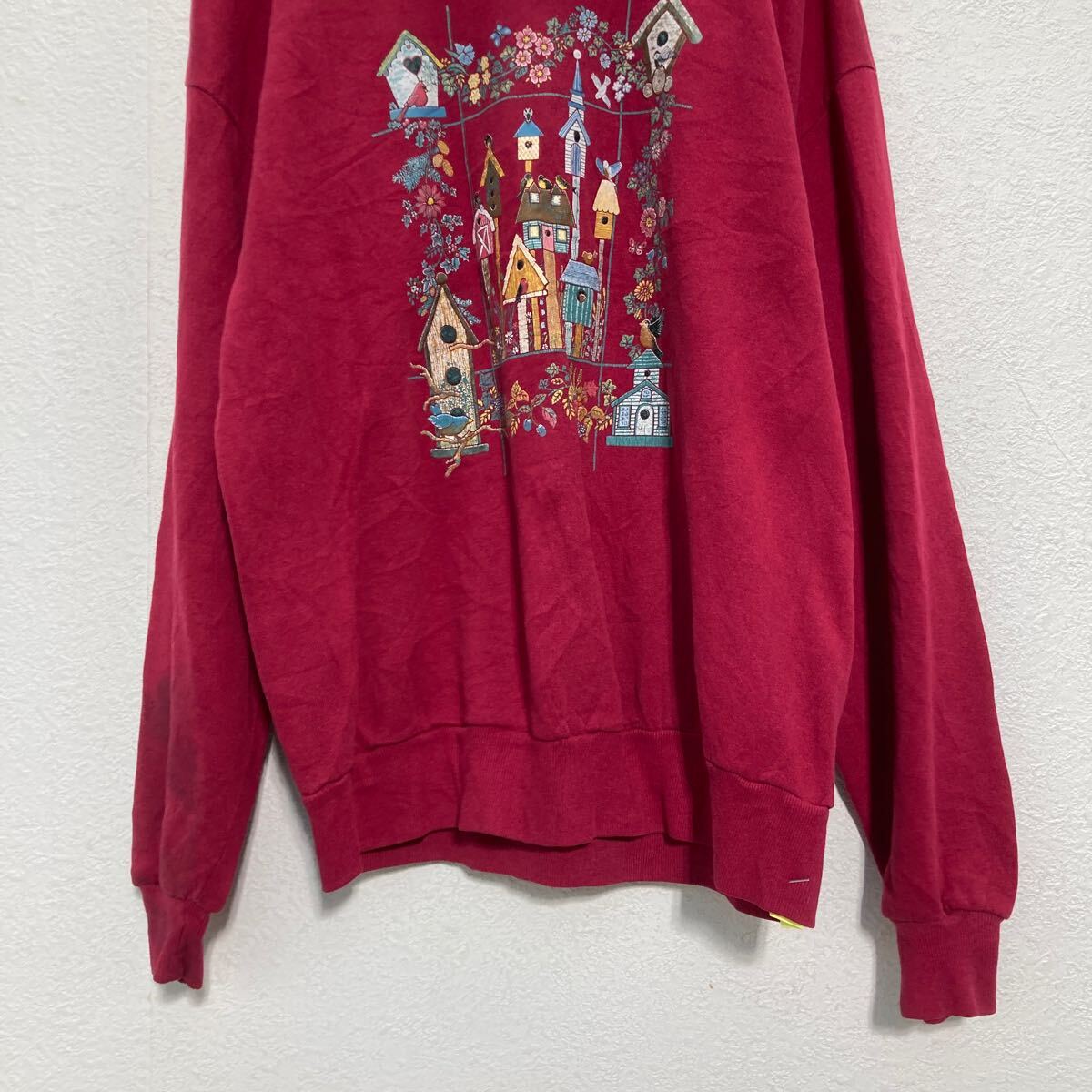 【中古】【古着】 プリントスウェット トレーナー L〜 レディース ピンク レイヤードネック 鳥 裏起毛 レトロ 古着卸 アメリカ仕入 a607-6731