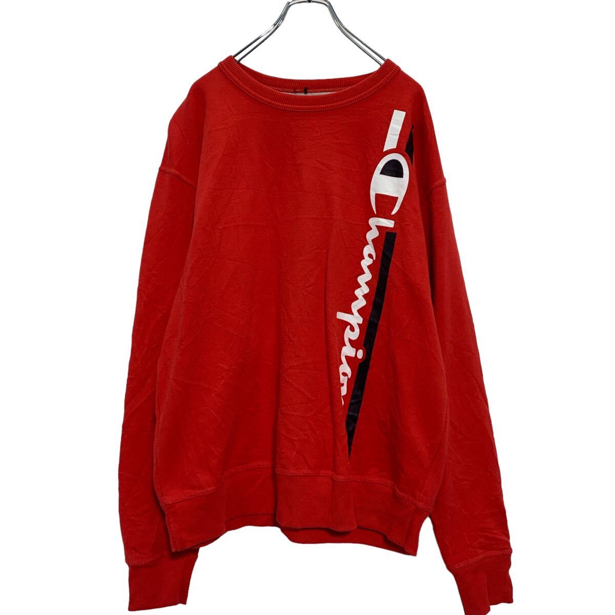 【中古】【古着】 Champion プリントスウェット トレーナー L レッド チャンピオン 裏起毛 袖ロゴ 古着卸 アメリカ仕入 a608-5093