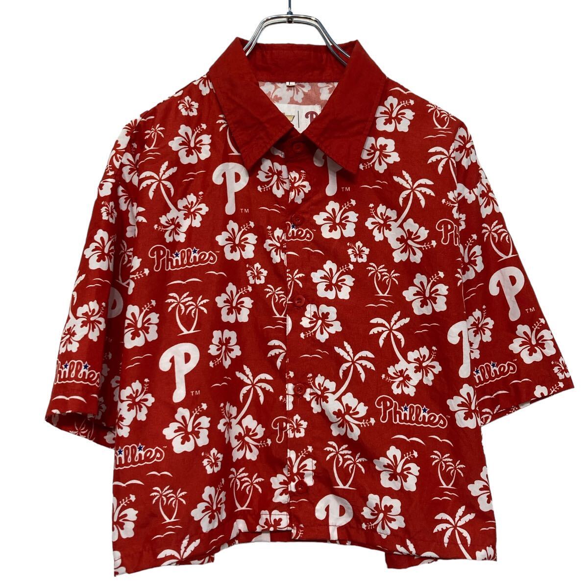 【中古】【古着】 半袖 柄 シャツ レッド シボレー フィリーズ L レッド 短丈 ポケット 古着卸 アメリカ仕入 a608-5255