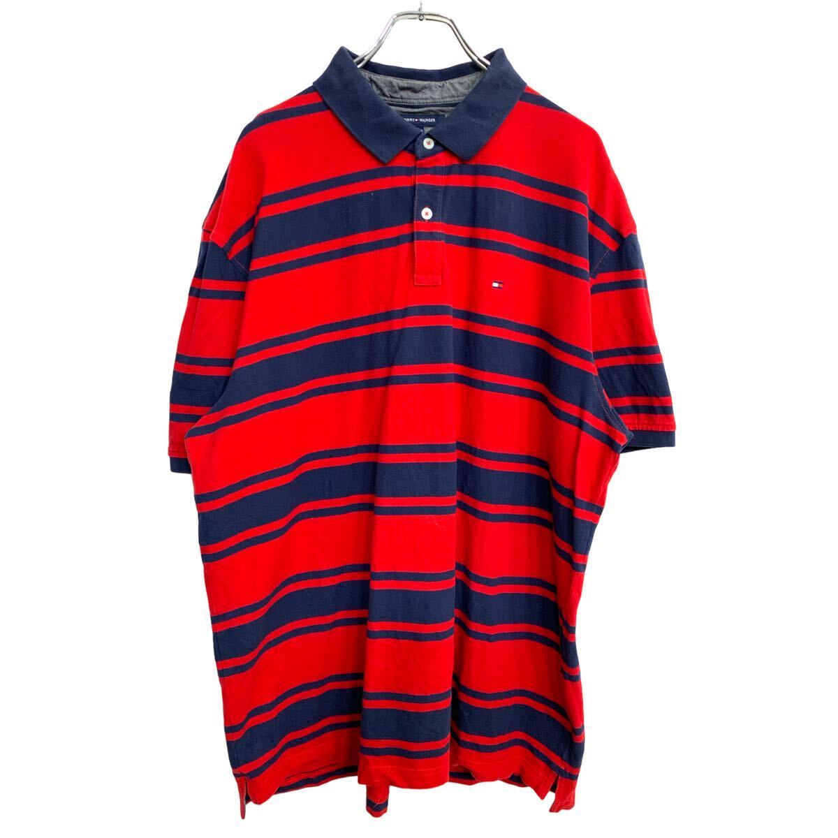 【中古】【古着】 TOMMY HILFIGER 半袖ポロシャツ XXLサイズ トミーヒルフィガー ビッグサイズ ボーダー レッド ネイビー 古着卸 アメリカ仕入 t2408-3167