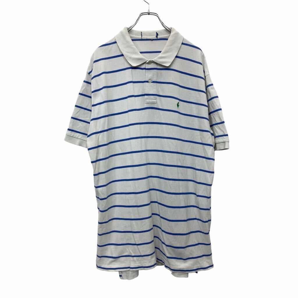 【中古】【古着】 半袖 ポロシャツ 2XLサイズ ハーフボタン ボーダー 刺繍 ホワイト 古着卸 アメリカ仕入 t2408-3316