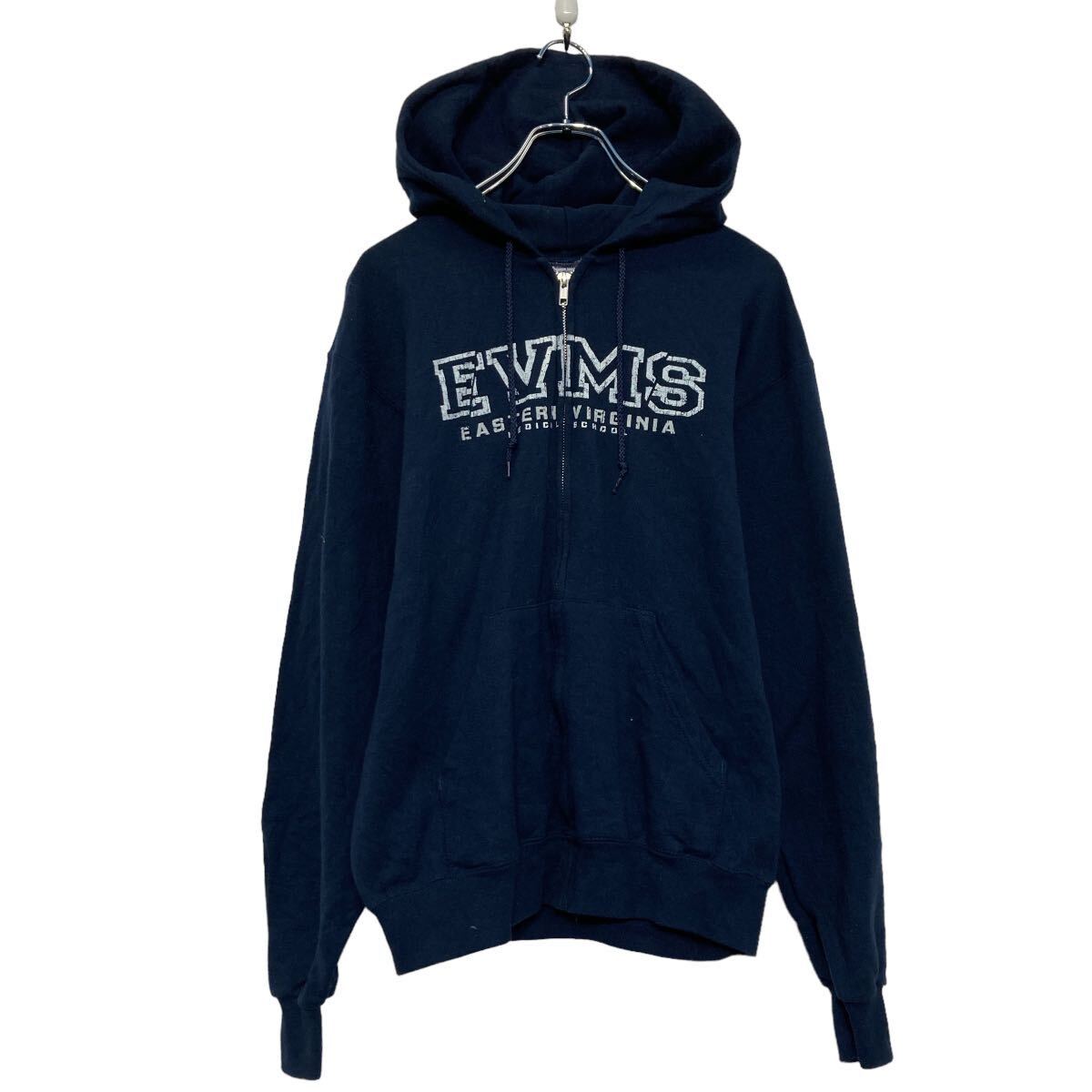 【中古】【古着】 champion プリント スウェット パーカー チャンピオン S ネイビー 裏起毛 フルジップ 古着卸 アメリカ仕入 a608-5433