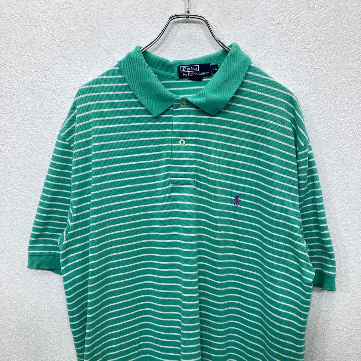 【中古】【古着】 Polo Ralph Lauren 半袖ポロシャツ XL ポロラルフローレン ハーフボタン ボーダー ライトグリーン コットン 古着卸アメリカ仕入 t2408-3783