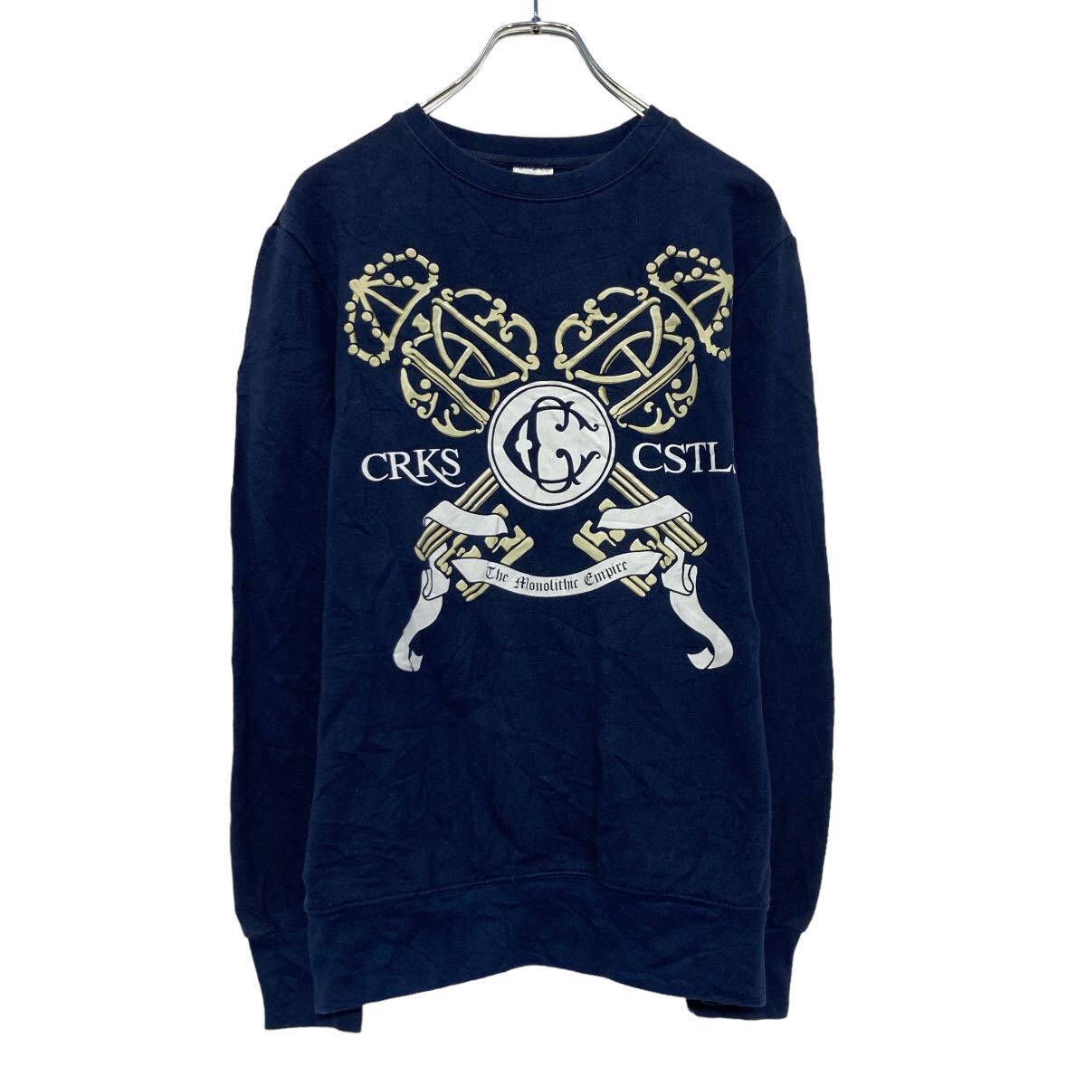【中古】【古着】 CROOKS プリント スウェット トレーナー S ネイビー 裏起毛 古着卸 アメリカ仕入 a608-6210