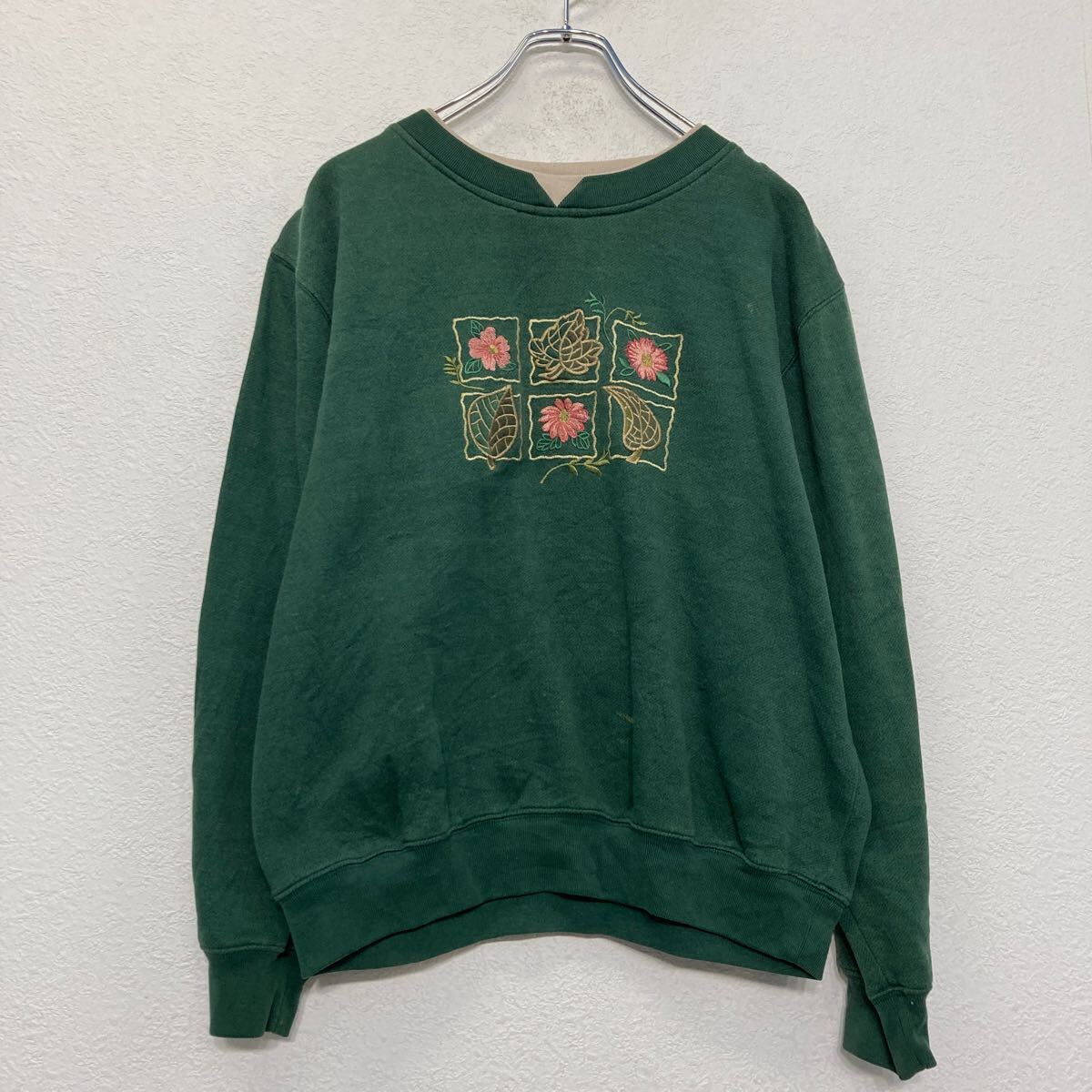 【中古】【古着】 shenanigan プリント スウェット トレーナー S グリーン レディース ダブルネック 裏起毛 古着卸 アメリカ仕入 a608-6675