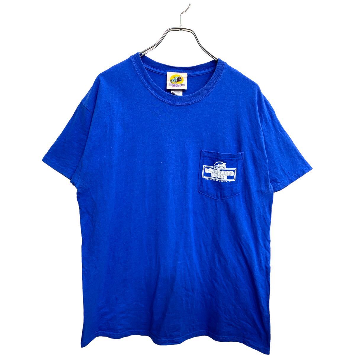  LONGBOARD HOUSE 半袖 プリント Tシャツ Mサイズ ポケットTシャツ バックプリント ブルー コットン 古着卸 アメリカ仕入 t2408-4005
