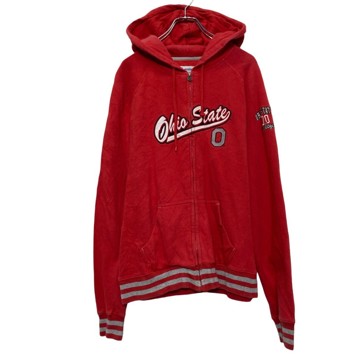 【中古】【古着】 champion プリント スウェット パーカー チャンピオン XL レッド フルジップ 古着卸 アメリカ仕入 a609-5288