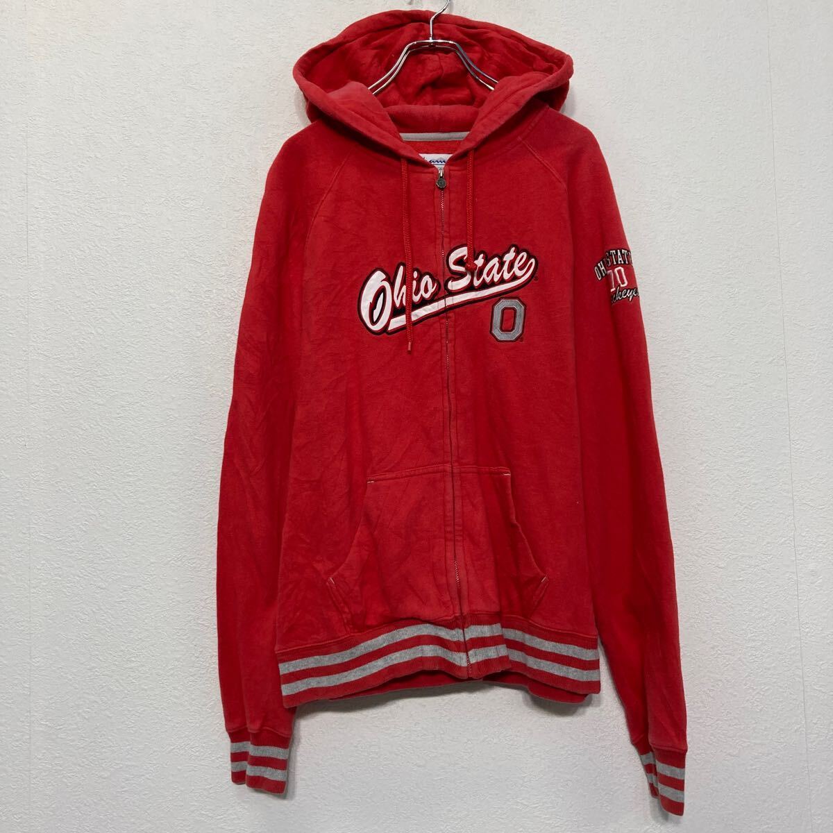 【中古】【古着】 champion プリント スウェット パーカー チャンピオン XL レッド フルジップ 古着卸 アメリカ仕入 a609-5288