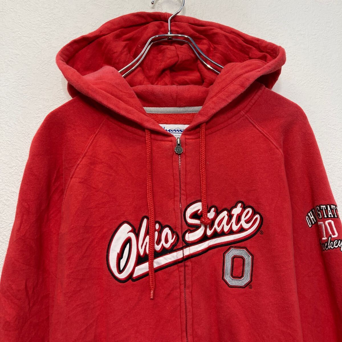 【中古】【古着】 champion プリント スウェット パーカー チャンピオン XL レッド フルジップ 古着卸 アメリカ仕入 a609-5288