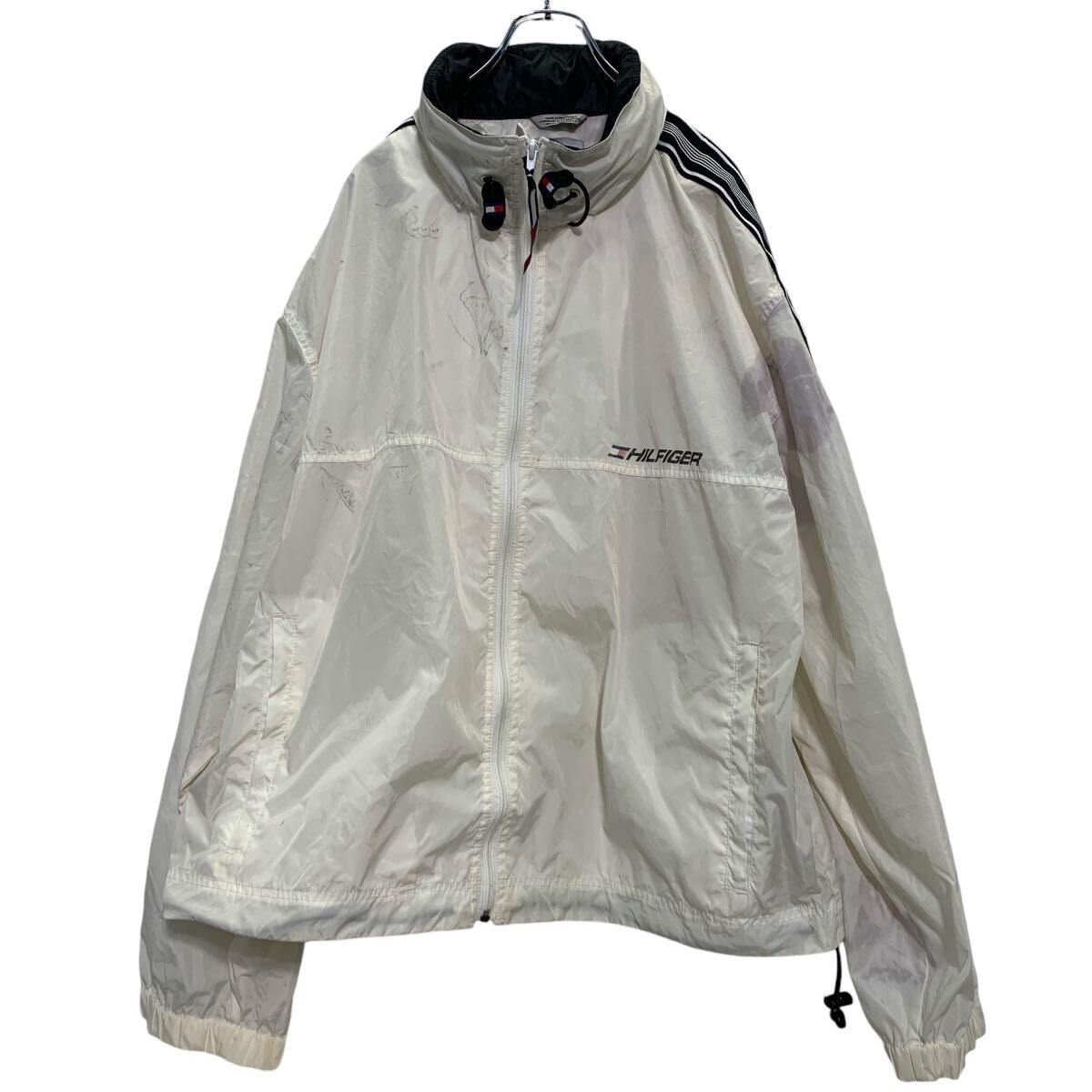 【中古】【古着】 ジップアップ ナイロンジャケット XL ホワイト ビッグサイズ バックプリント 裏地メッシュ 袖ライン 古着卸 アメリカ仕入 a609-5343