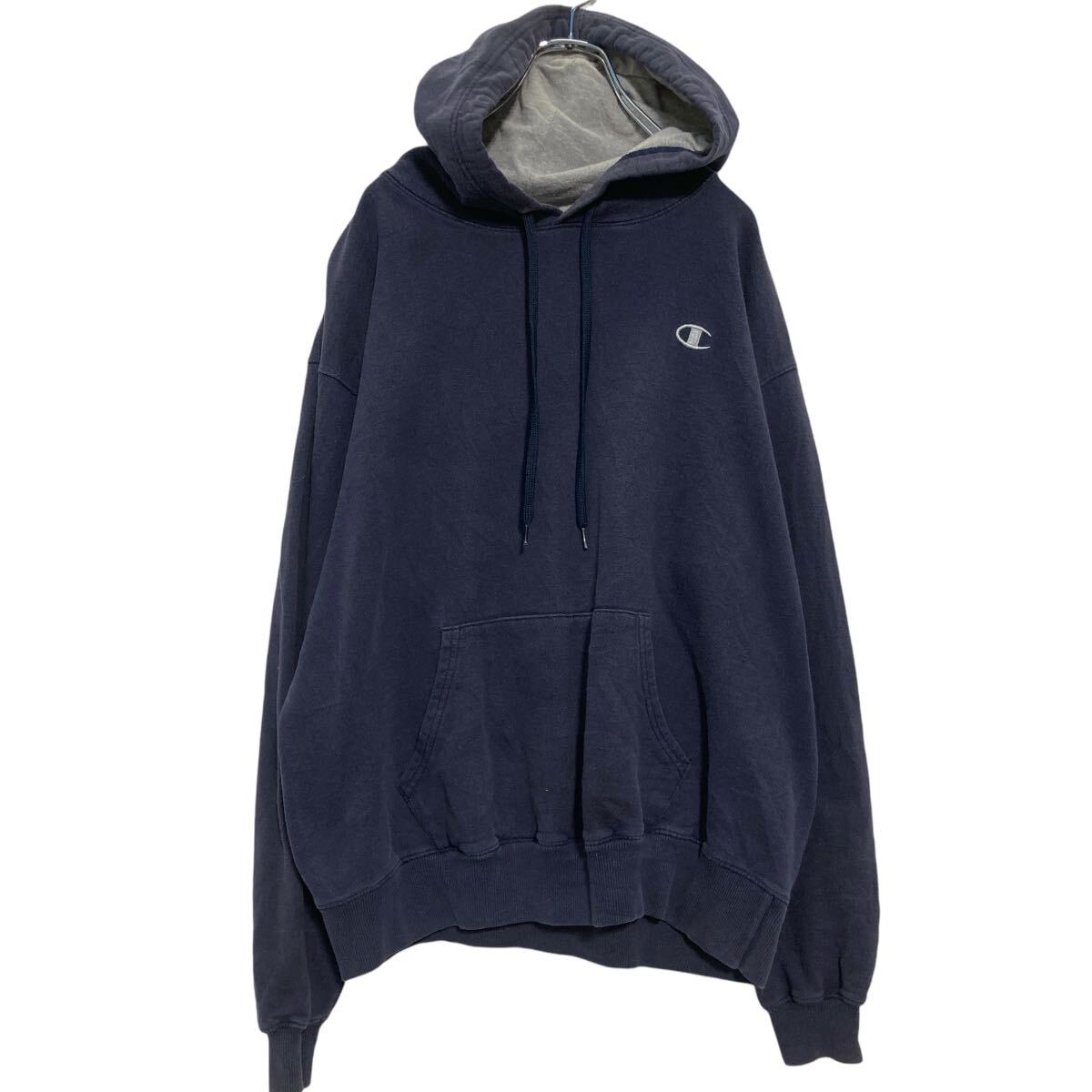 【中古】【古着】 Champion ロゴスウェット パーカー L ネイビー チャンピオン 裏起毛 プルオーバー 古着卸 アメリカ仕入 a609-5472