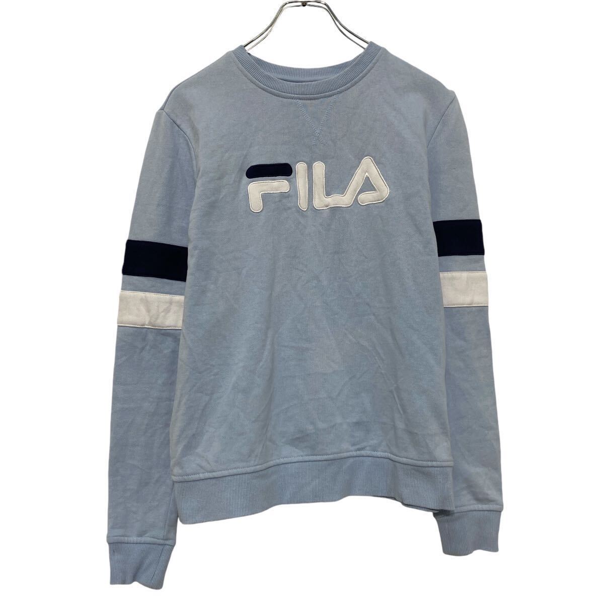 【中古】【古着】 FILA プリント スウェット トレーナー フィラ S ライトブルー 刺繍 ロゴ 古着卸 アメリカ仕入 a609-5535