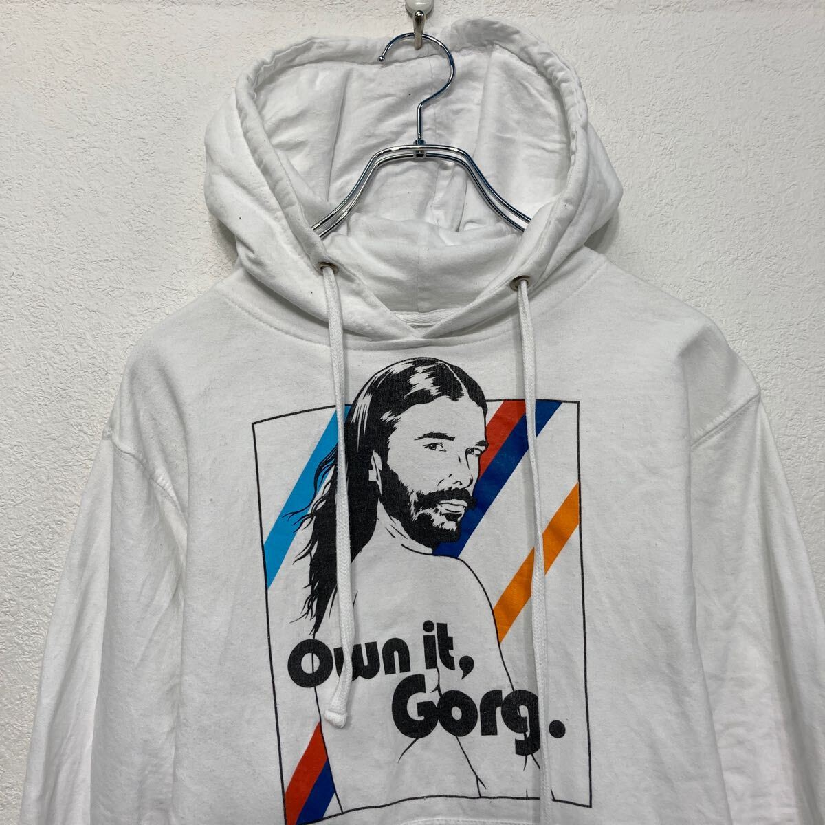 【中古】【古着】 プリント スウェット パーカー M~ ホワイト プルオーバー クィアアイ 古着卸 アメリカ仕入 a609-5542