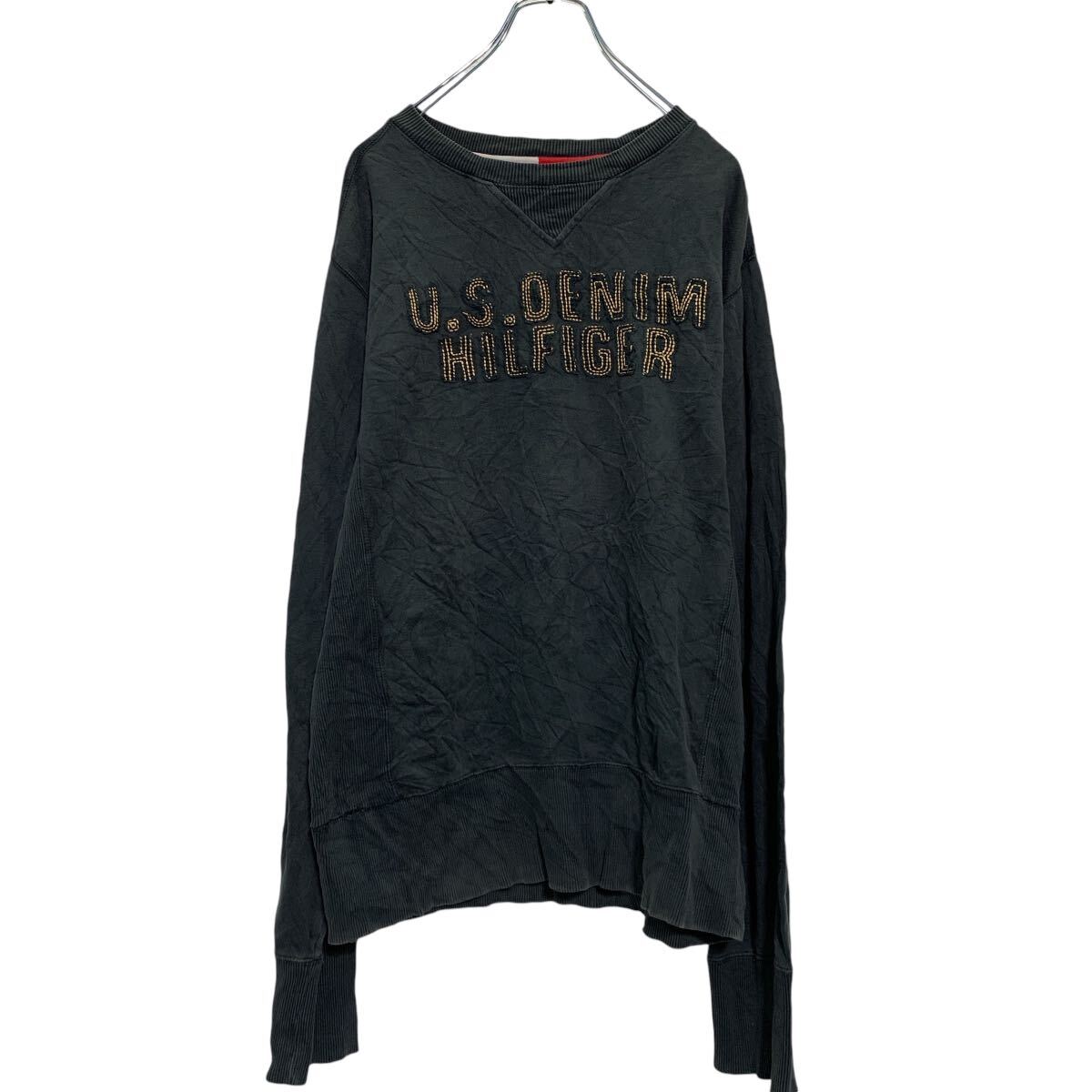 【中古】【古着】 TOMMY HILFIGER DENIM ロゴスウェット トレーナー L ブラック トミーヒルフィガー 裏起毛 古着卸 アメリカ仕入 a609-5838