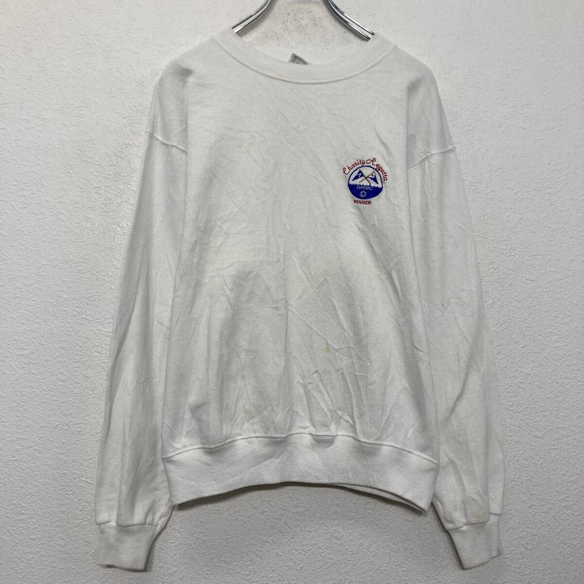 【中古】【古着】 Hanes プリント スウェット トレーナー ヘインズ L ホワイト 刺繍 裏起毛 古着卸 アメリカ仕入 a609-6077