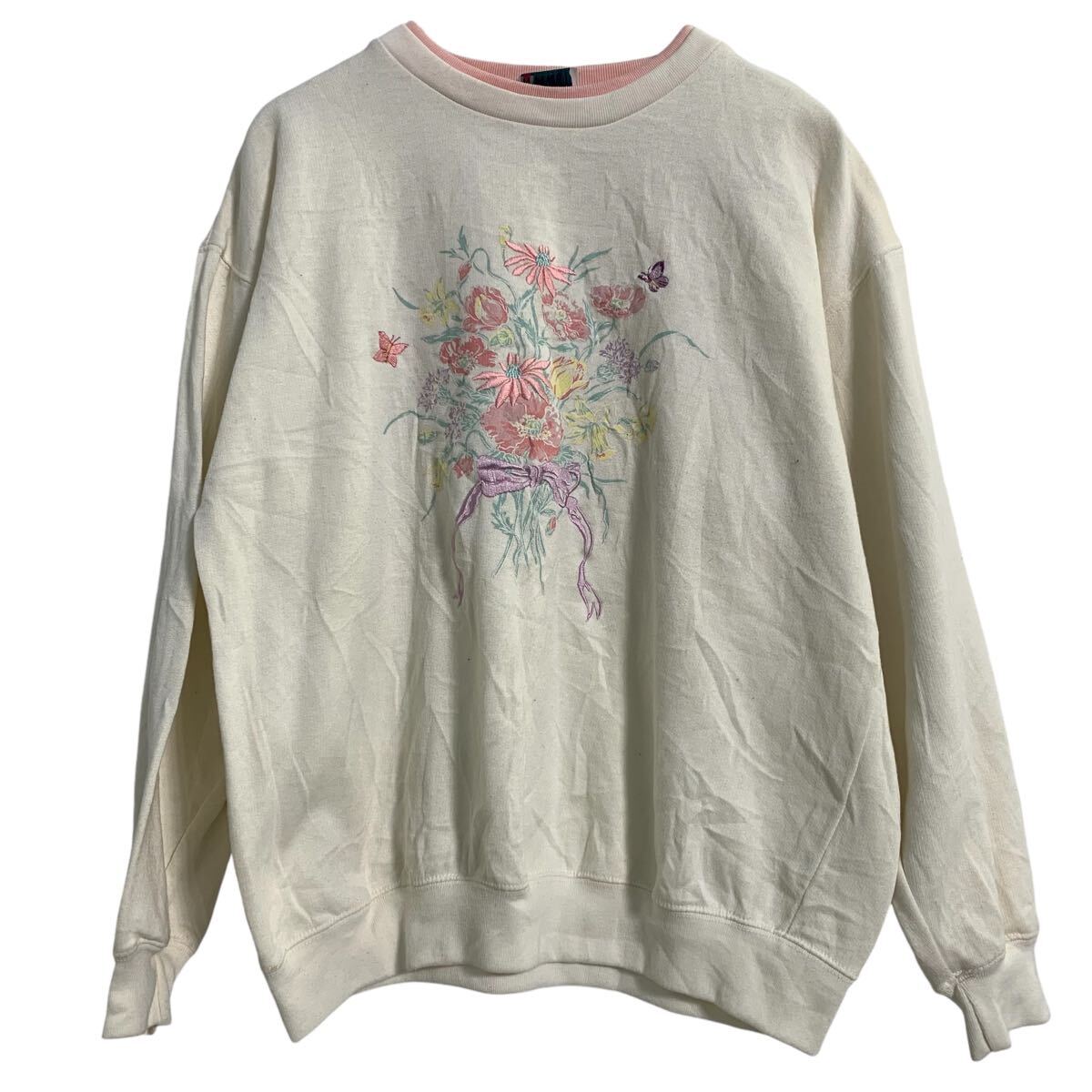 【中古】【古着】 プリント スウェット トレーナー M レディース ホワイト ピンク 刺繍 プルオーバー 裏起毛 古着卸 アメリカ仕入 a610-5526