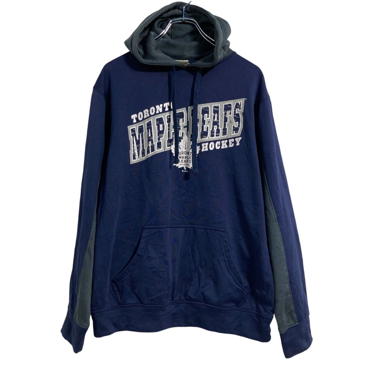 【中古】【古着】 NHL プリント スウェット パーカー S 程 エヌエイチエル ネイビー プルオーバー 裏起毛 古着卸 アメリカ仕入 a610-5702