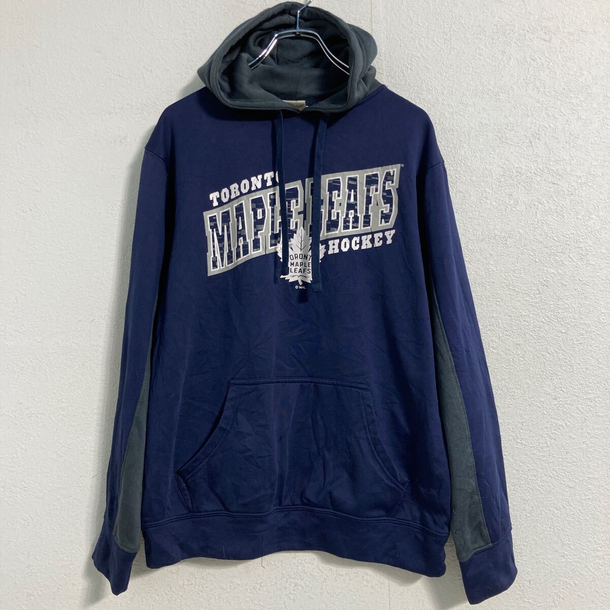 【中古】【古着】 NHL プリント スウェット パーカー S 程 エヌエイチエル ネイビー プルオーバー 裏起毛 古着卸 アメリカ仕入 a610-5702